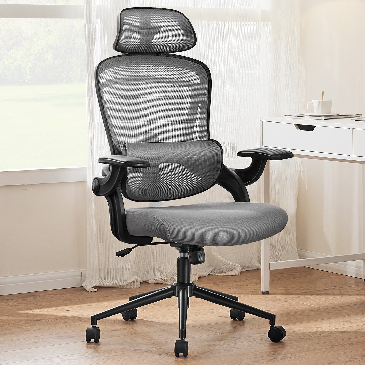 High Back Desk Chair with Adjustable Lumbar Support & Headrest,Comfortable Mesh Computer Chair with Soft Flip Up Arms, Adjustable Height and 120°Tilt,gray