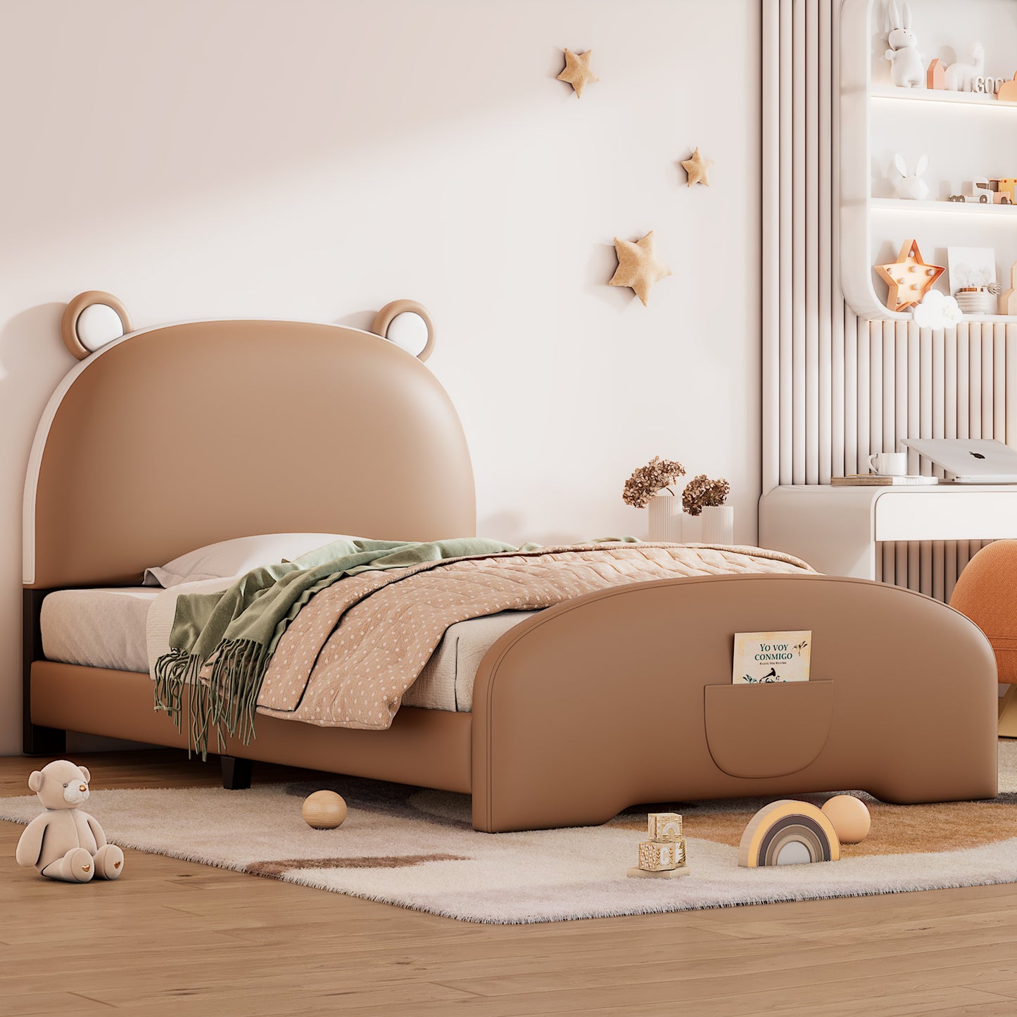 Twin Size Upholstered Platform Bed with Bear-shaped Headboard and Footboard,Brown+White