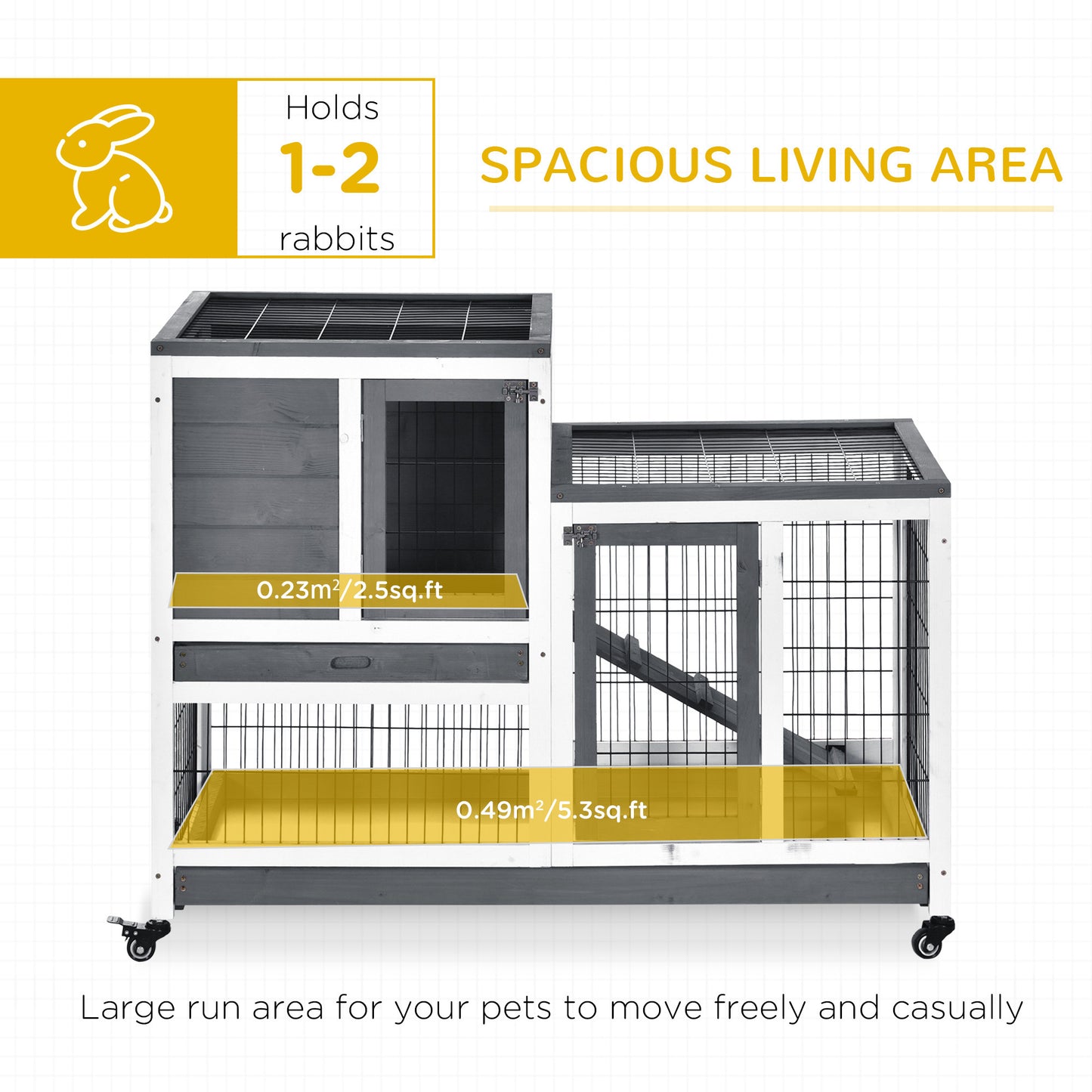 PawHut Wooden Rabbit Hutch Elevated Bunny Cage Indoor Small Animal Habitat with Enclosed Run with Wheels, Ramp, Removable Tray Ideal for Guinea Pigs, Grey