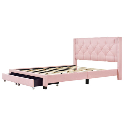 Queen Size Storage Bed Linen Upholstered Platform Bed with Two Drawers - Pink