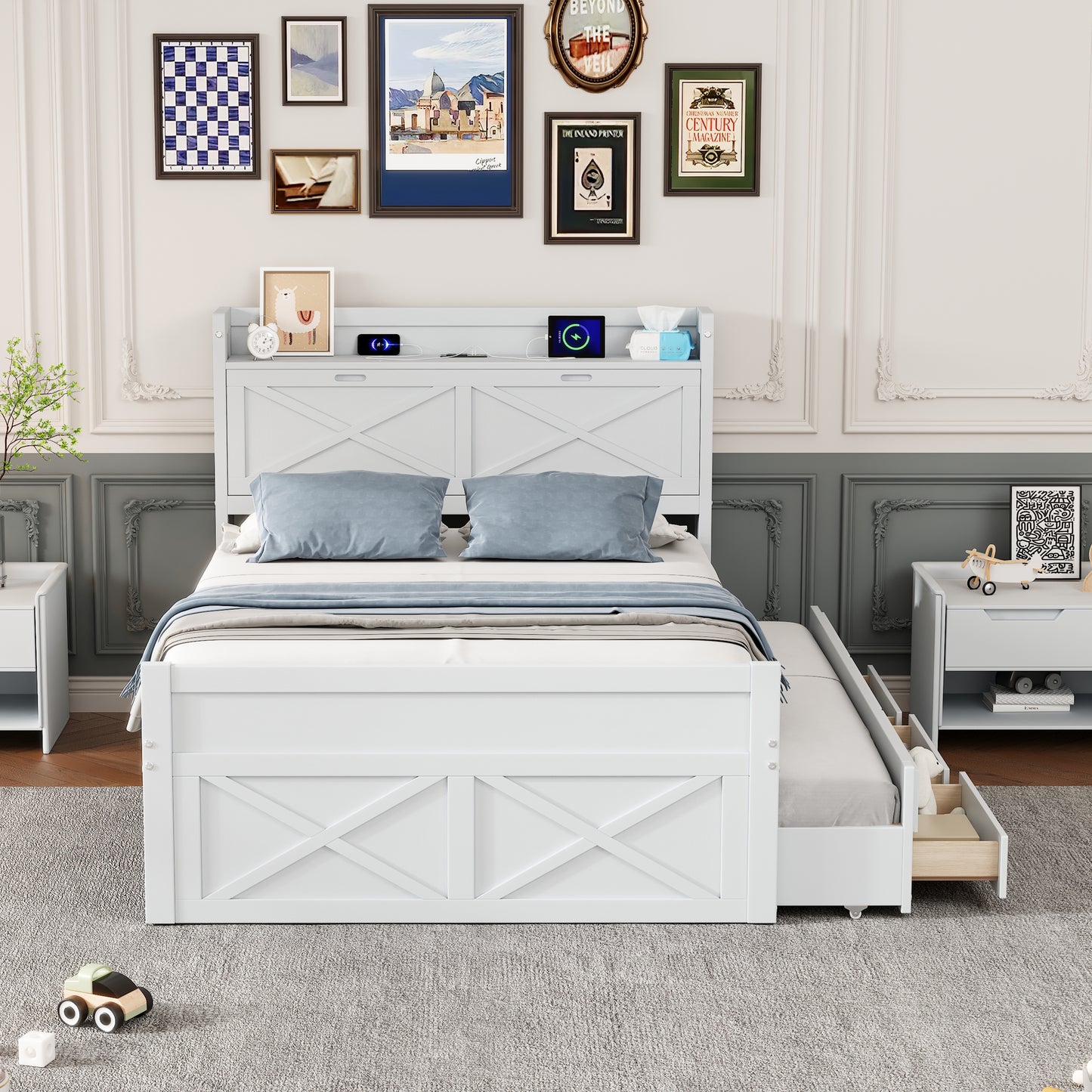 Full Size Wooden Bed with Storage Headboard with Outlets, Extendable Bed with Twin Size Trundle with Three Storage Drawers,White