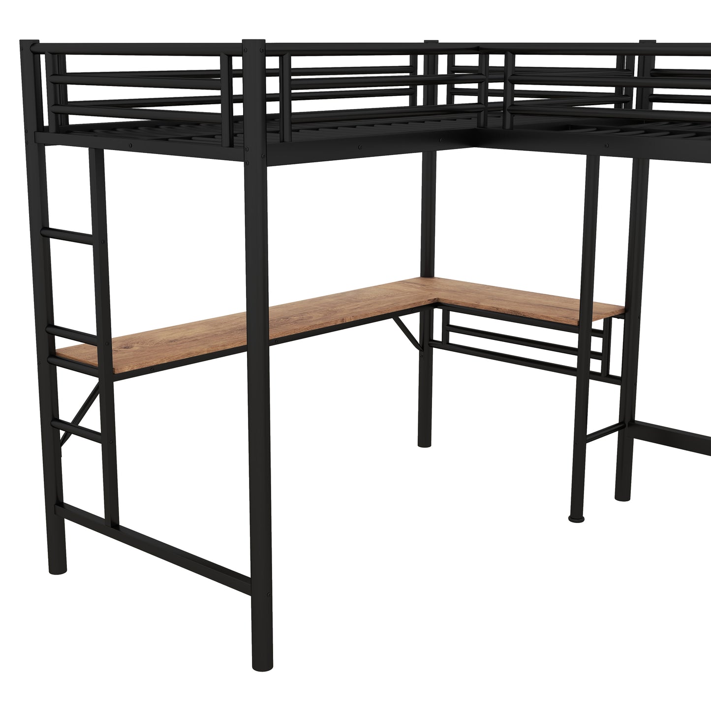 Black Metal Twin Loft Bed with Two Built-in Desks, Mission Style, Metal and MDF Construction