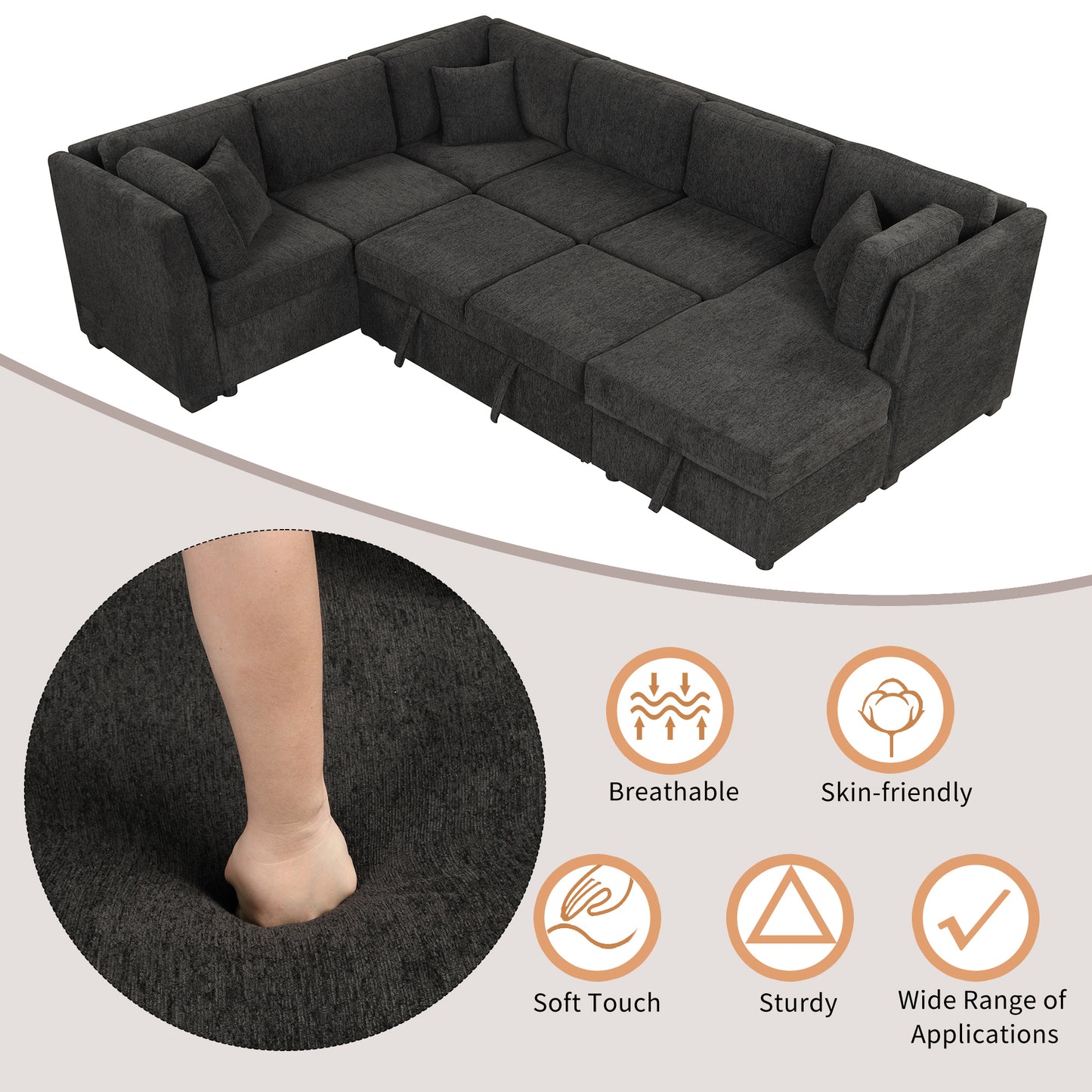 108.6" U-shaped Sectional Sofa Pull out Sofa Bed with Two USB Ports, Two Power Sockets, Three Back Pillows and a Storage Chaise for Living Room, Black