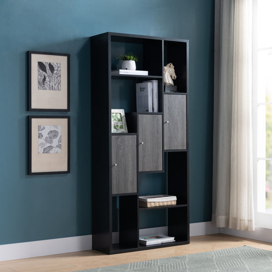 Bookcase Display Storage Cabinet, Multi Shelves Black & Distressed Grey