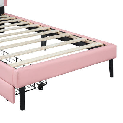 Twin Size Upholstered Princess Bed With Crown Headboard and 2 Drawers,Twin  Size Platform Bed with Headboard and Footboard,White+Pink