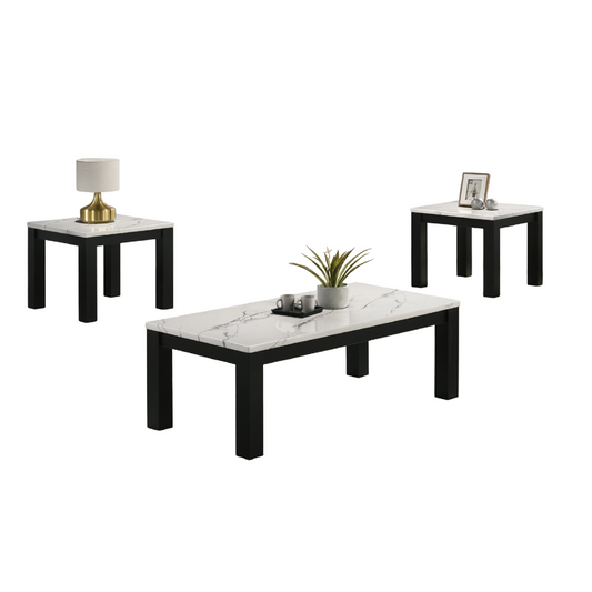 Modern 3-Piece Living Room Table Set with Faux Marble Top in Black and White Wooden Finish