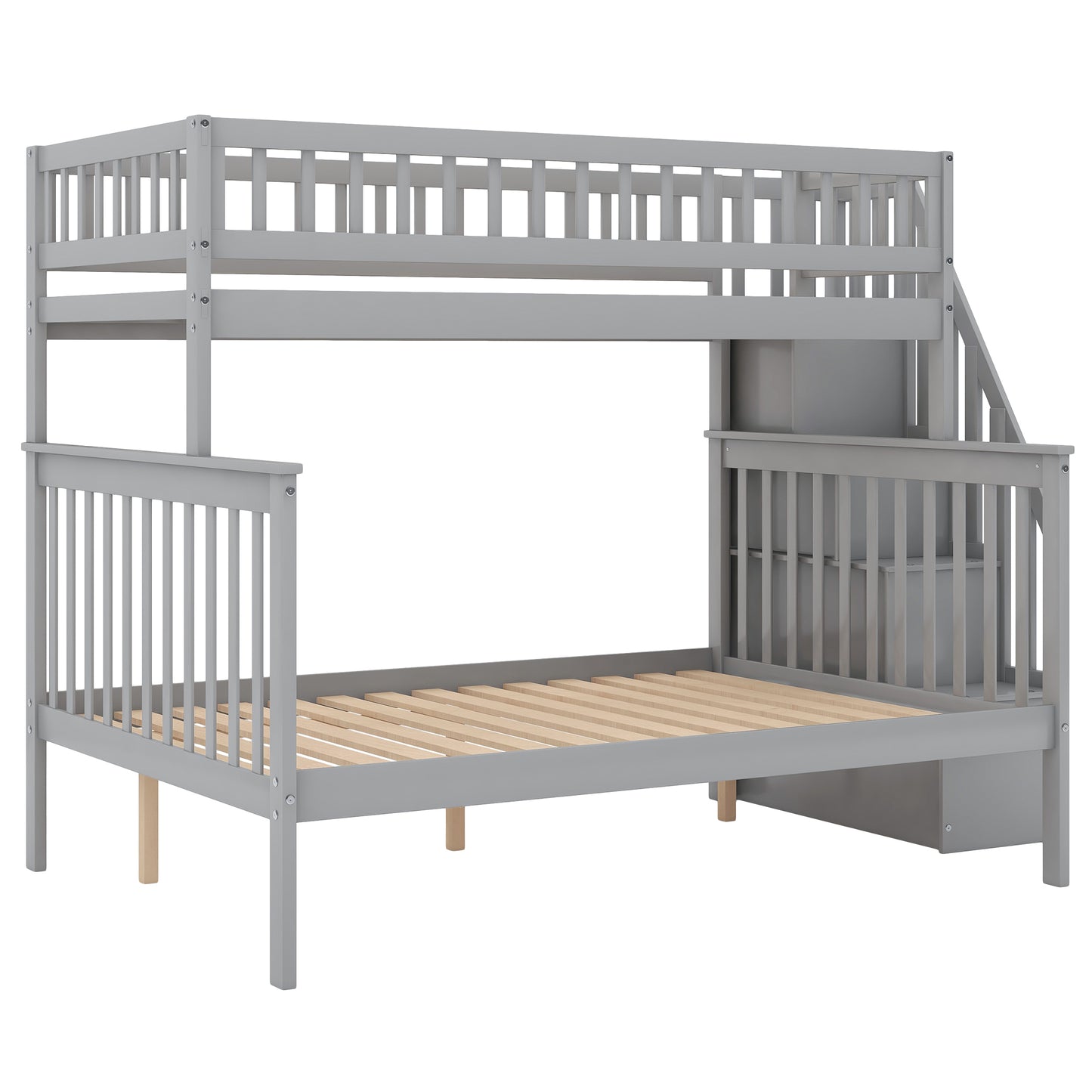 Twin Over Full Stairway Bunk Bed with Storage in Gray, Solid Pine Wood and MDF, 90.8''L x 57.8''W x 65.3''H