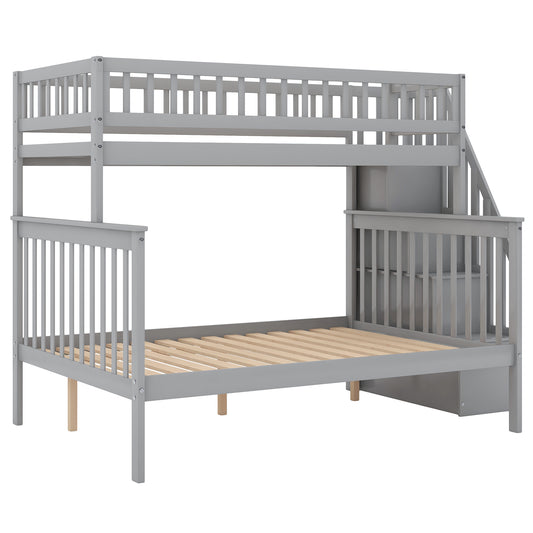 Twin Over Full Stairway Bunk Bed with Storage in Gray, Solid Pine Wood and MDF, 90.8''L x 57.8''W x 65.3''H