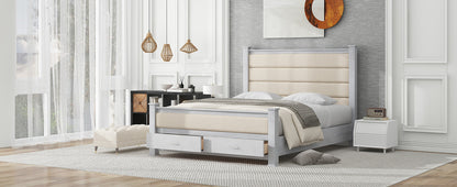 Queen Size Wood Frame Platform Bed with Upholstered Headboard, Footboard and 2 Drawers, Antique White