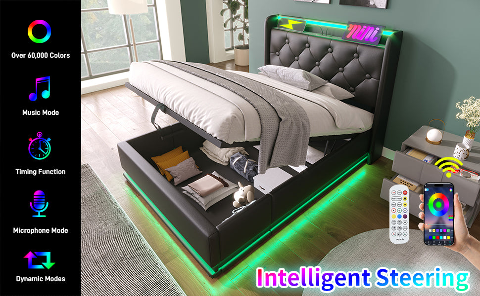 Twin size Upholstered bed, 360 surround LED function, Buttons/Apps/Remote Control, hydraulic storage bed with USB Type-C charging, Black, PU (Without mattress)