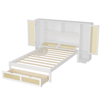 Twin Size Wooden Bed with Two Storage Lockers, Drawer, and Storage Shelf on Headboard, Multifunctional Platform Bed with Natural Rattan, White