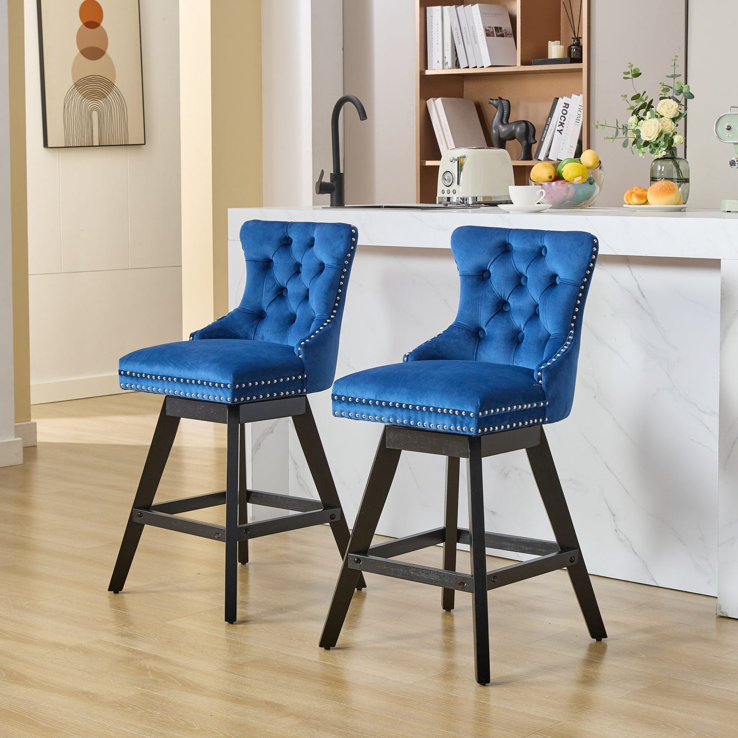 Swivel Velvet Barstools with Button Tufted Decoration and Wooden Legs, and Chrome Nailhead Trim, Leisure Style Bar Chairs,Bar stools, Set of 2 (Blue),SW1860BL