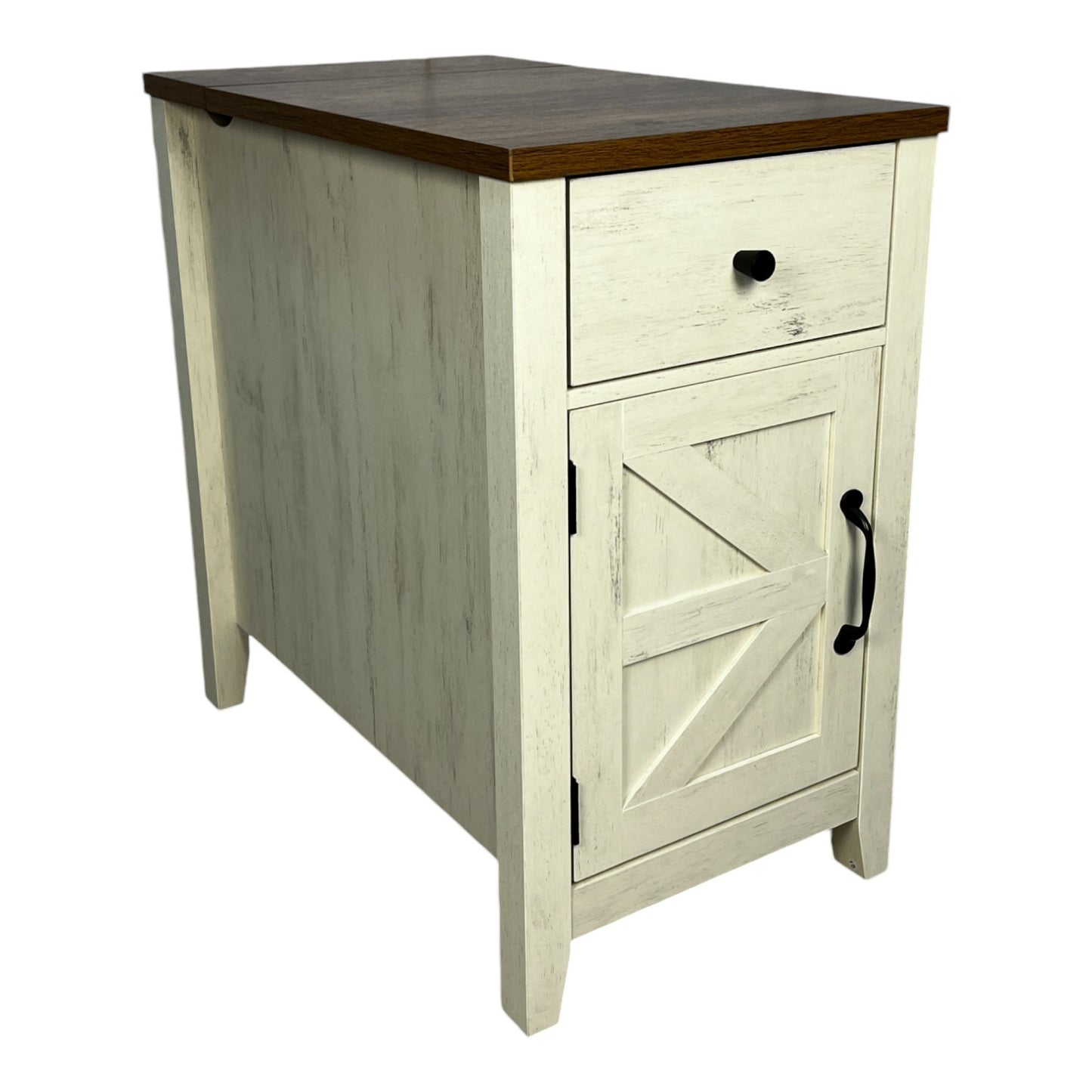 Farmhouse End Table with Charging Station,Night Stand with Barn Door and Drawer, Storage for Bedroom Living Room ,Bedside Table,  Bedside Table Brown+white color