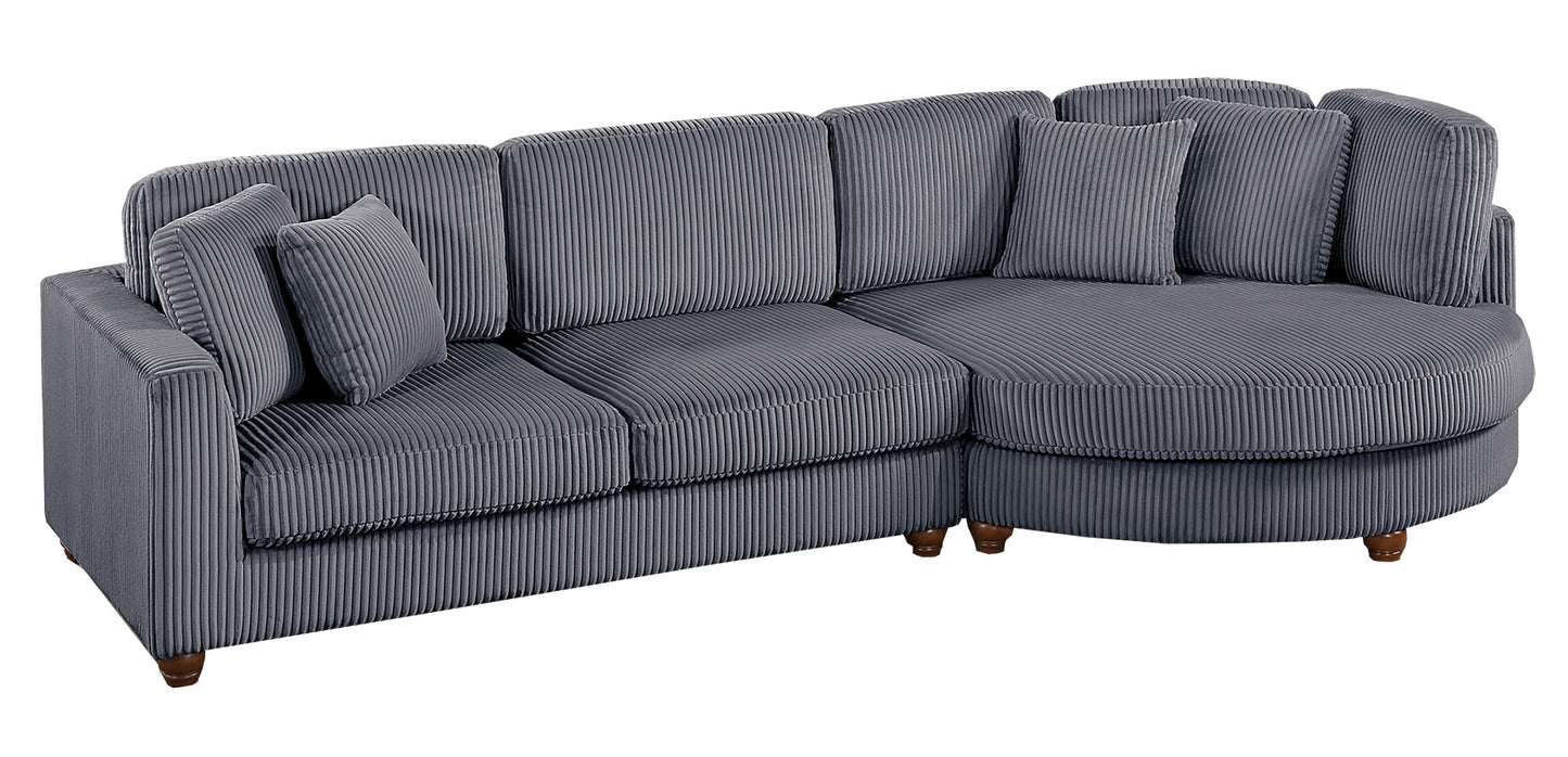 Contemporary 2pc Sectional Set XL Plush Corduroy Fabric Dark Gray LAF Sofa RAF Round Chaise w Pillows Living Room Couch