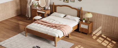 Queen Size Wooden Platform Bed with Natural Rattan Headboard, Vintage Bed Frame with Wooden Slat Support, Walnut