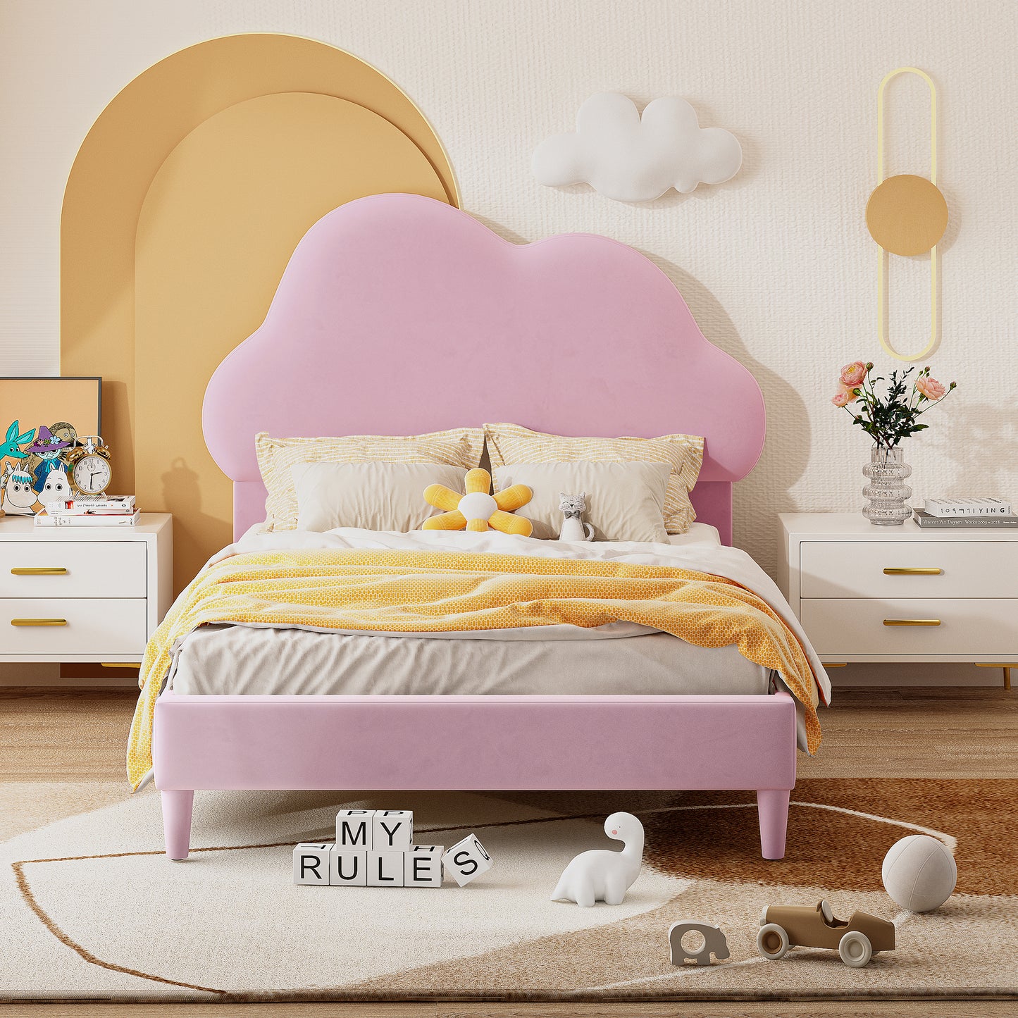 Twin Size Upholstered Cloud-Shape Bed ,Velvet Platform Bed with Headboard,No Box-spring Needed,Pink