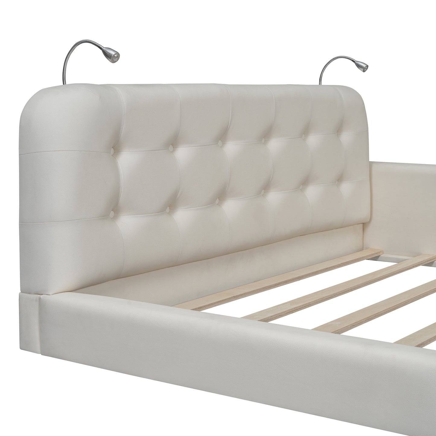 Queen Size Upholstered Platform Bed with 2 Reading Lights, White