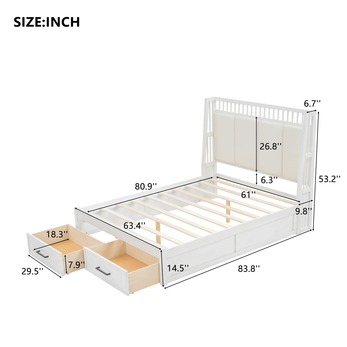 Queen Size Wood Platform Bed with Upholstered Headboard and 2 Drawers, Antique White