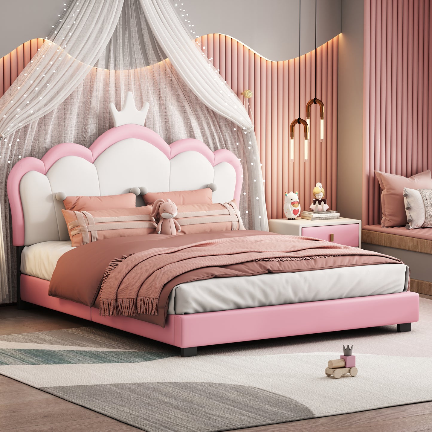 Full size Upholstered Princess Bed With Crown Headboard,Full Size Platform Bed with Headboard and Footboard, White+Pink