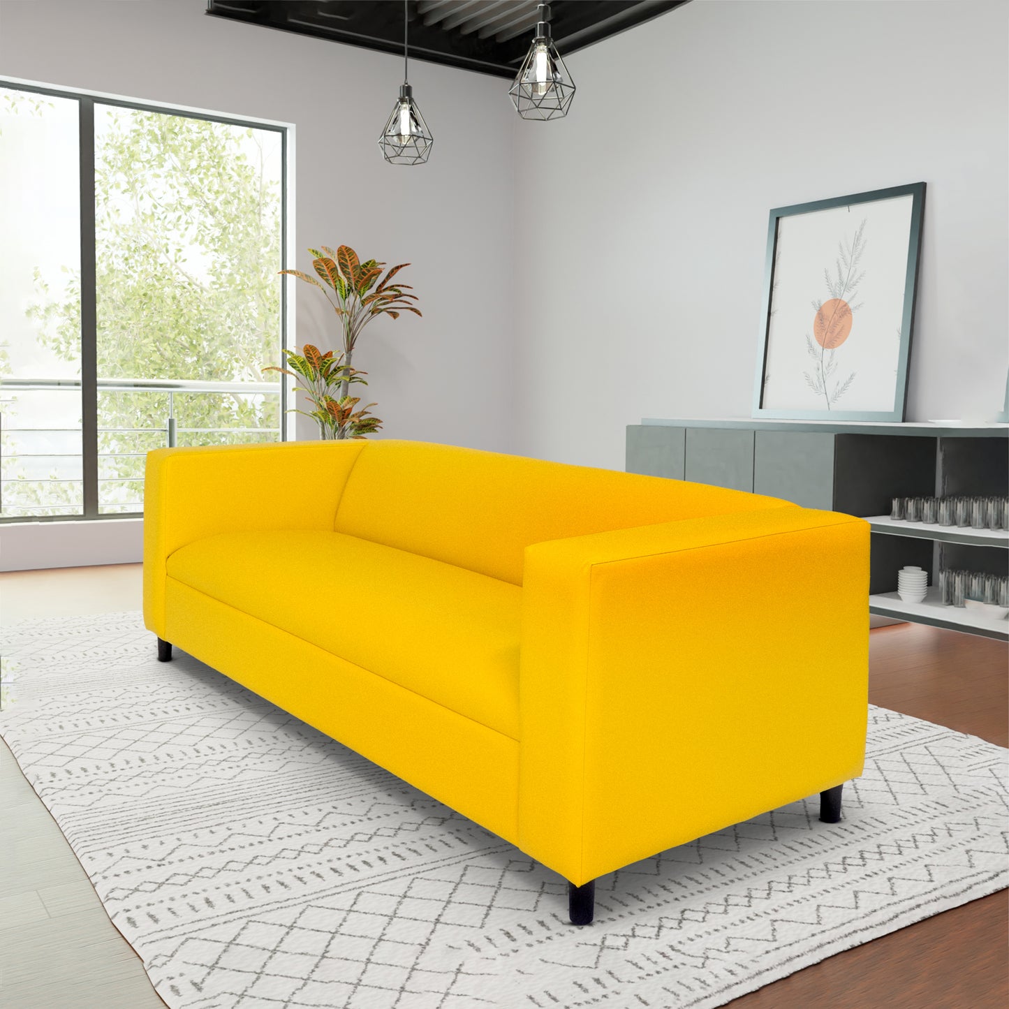 Yellow Faux Leather Sofa, Modern 3-Seater Sofas Couches for Living Room, Bedroom, Office, and Apartment with Solid Wood Frame