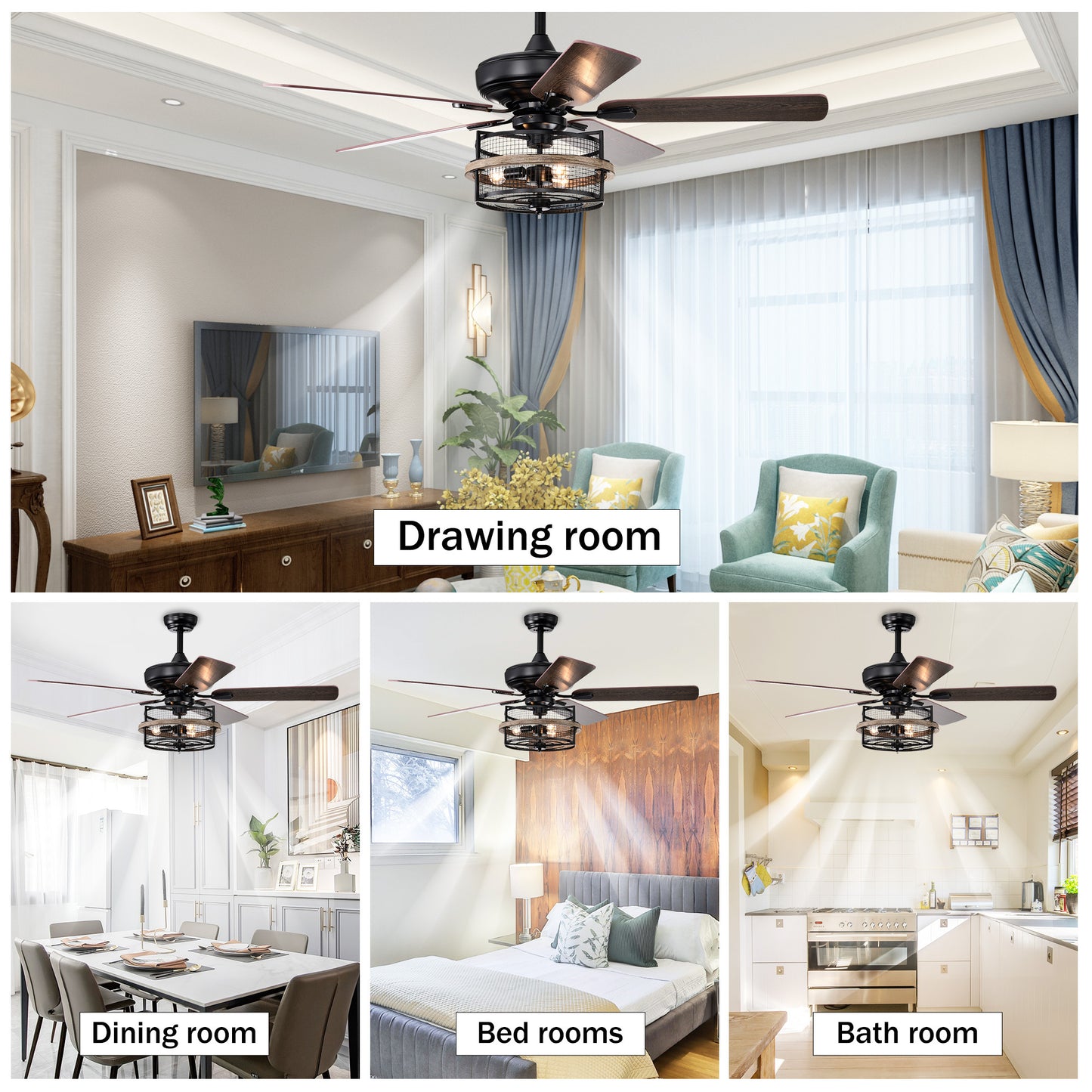 52 Inch Farmhouse Ceiling Fan with  Remote,3-Lights Ceiling Fan with  Light Fixture (No include Bulbs), Ceiling Fan for Patio,Living room,Bedroom --Black Matte+Wood Grain