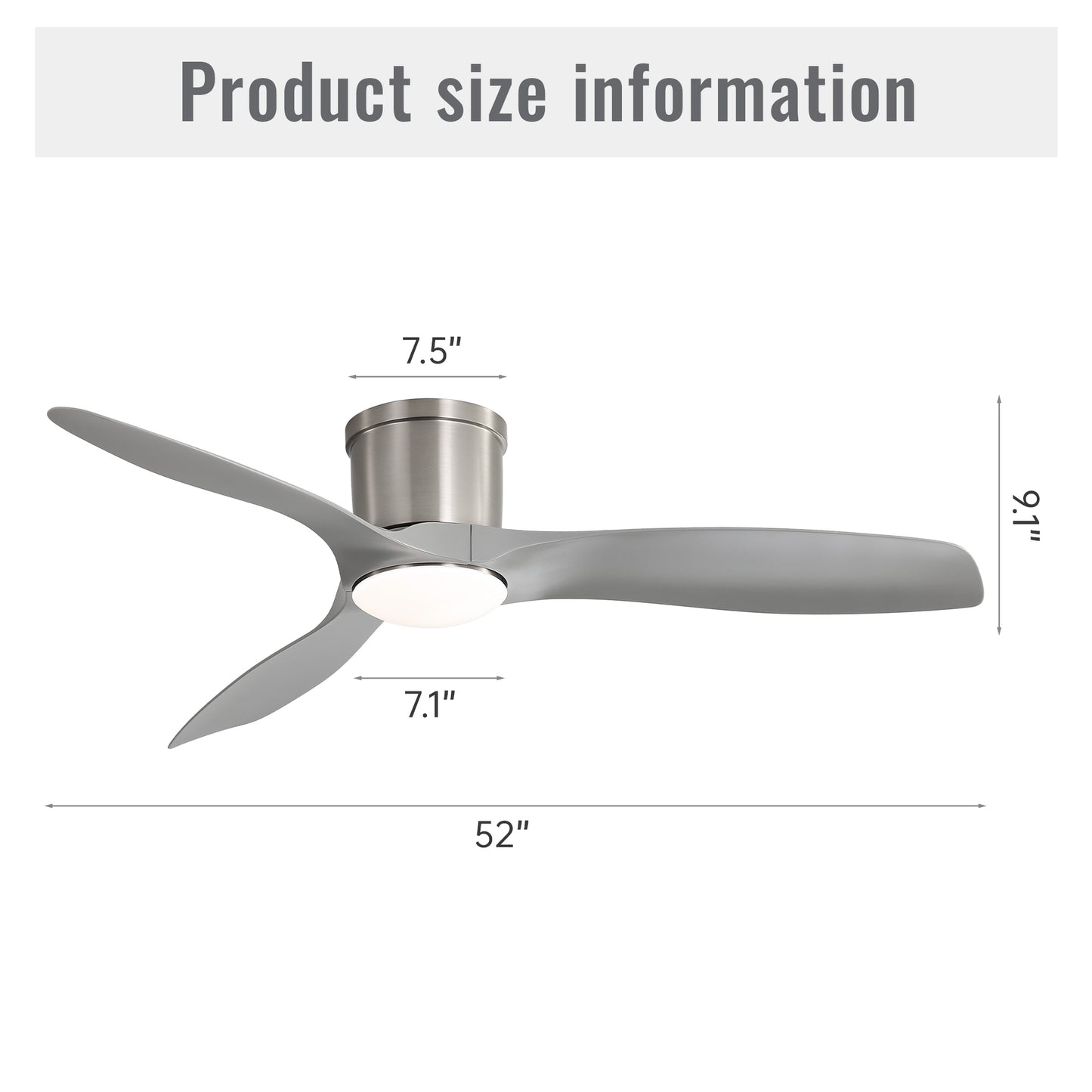 52 Inch Flush Mount Ceiling Fan with Dimmable Led Light 3 ABS Fan Blades Reversible DC Motor For Living Room