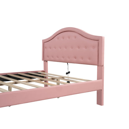 Queen Size Upholstered Platform Bed with Tufted Headboard, LED and 2 Drawers, Pink