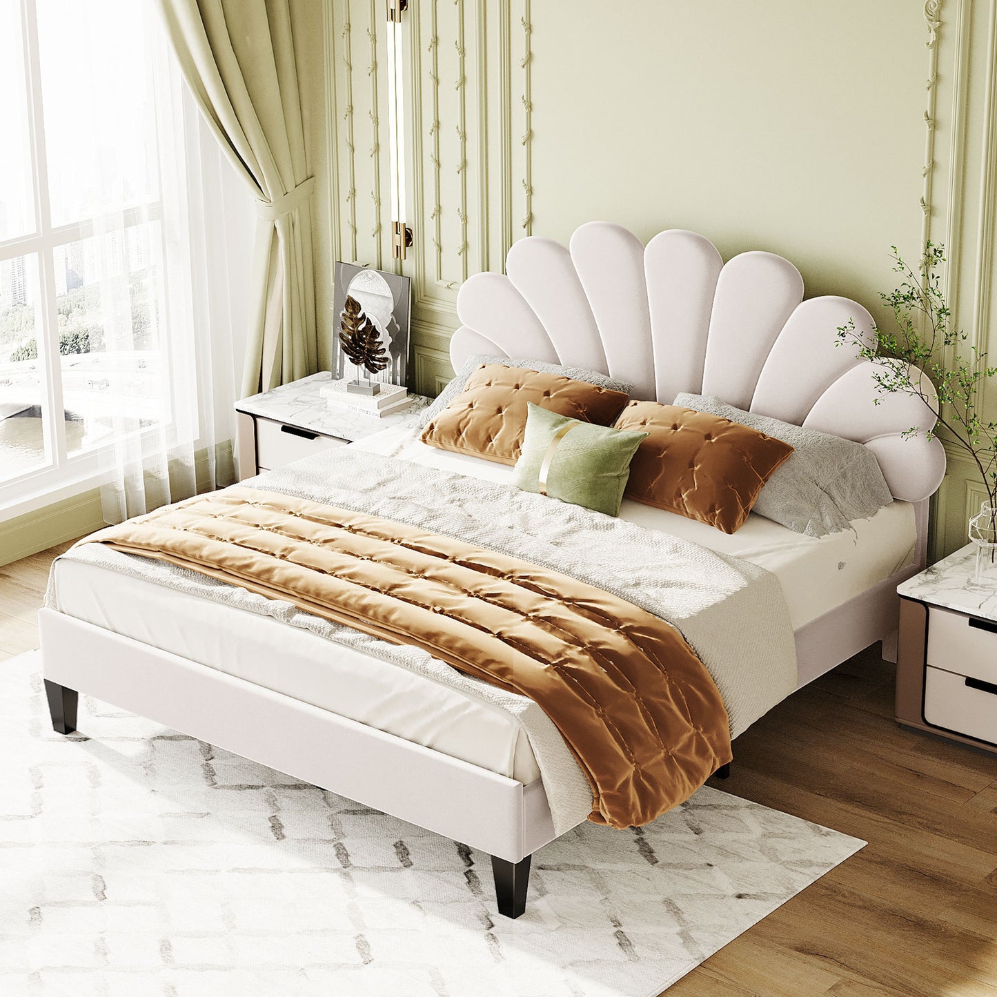 Queen Size Upholstered Platform Bed with Flower Pattern Velvet Headboard, Beige