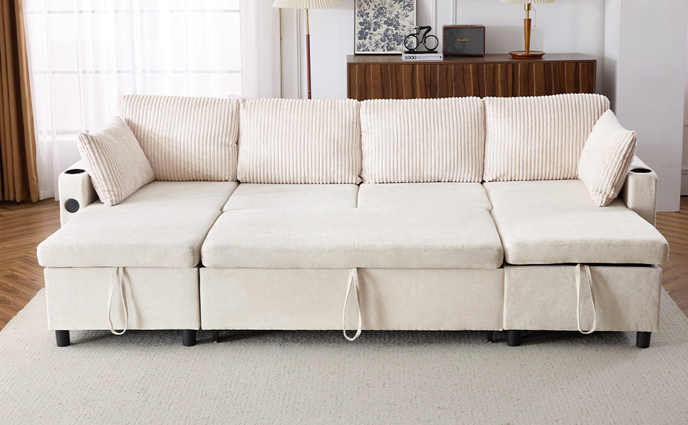 111.8" Sectional Sofa Pull-out Sofa Bed Versatile Sofa Sleeper with Large Storage Space, Two USB Ports and Two Cup Holders for Living Room, Beige