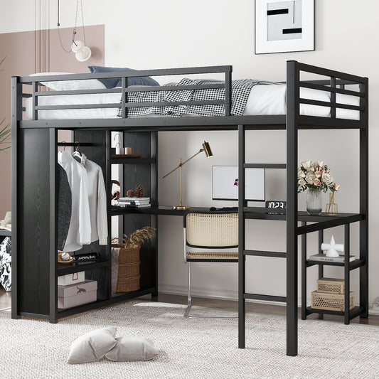 Full Size Loft Bed Frame with Built-in Wardrobe, Metal Loft Bed with Desk and Storage Shelves, Black