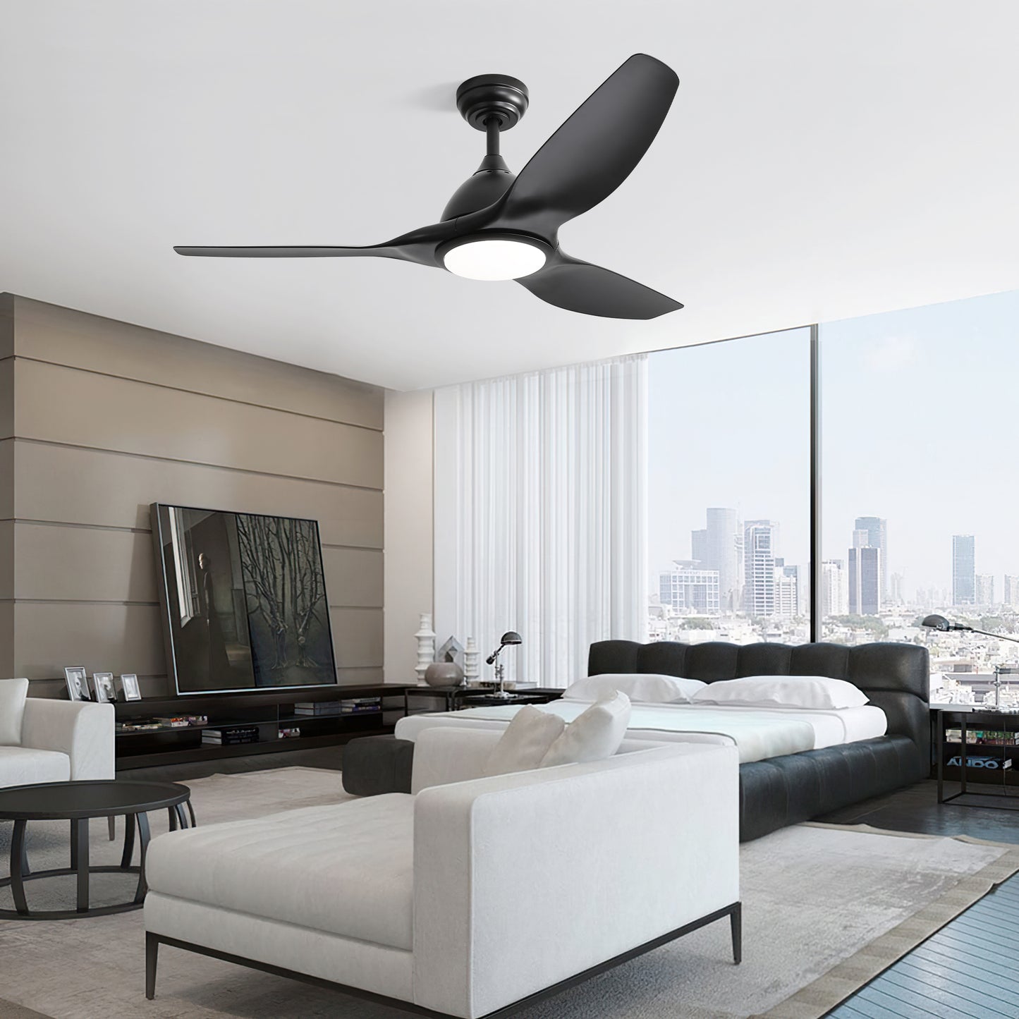 52 Inch Ceiling Fan with Light and 6-speed Remote Control 3 ABS Fan Blades Black for Bredoom Patio