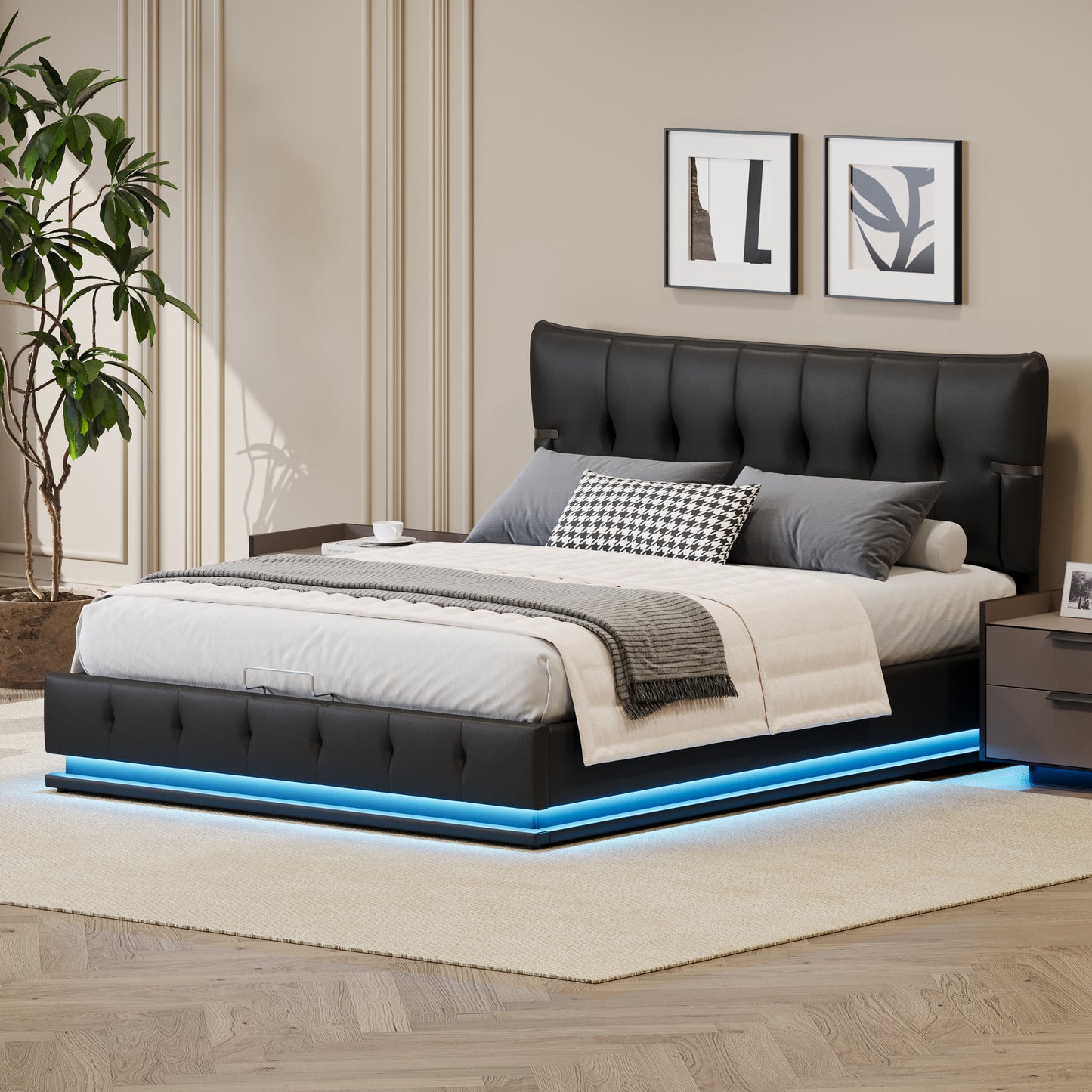 Upholstered Platform Queen Size Hydraulic Storage Bed, Lift Up Storage Bed with RGB LED Light, PU Leather Headboard and Footboard, No Box Spring Needed, Black