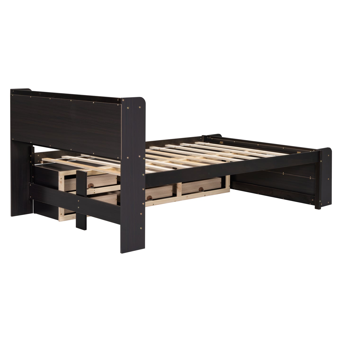 Full Bed with Bookcase Headboard, Under bed Storage Drawers and Bed End Storage Case,Espresso