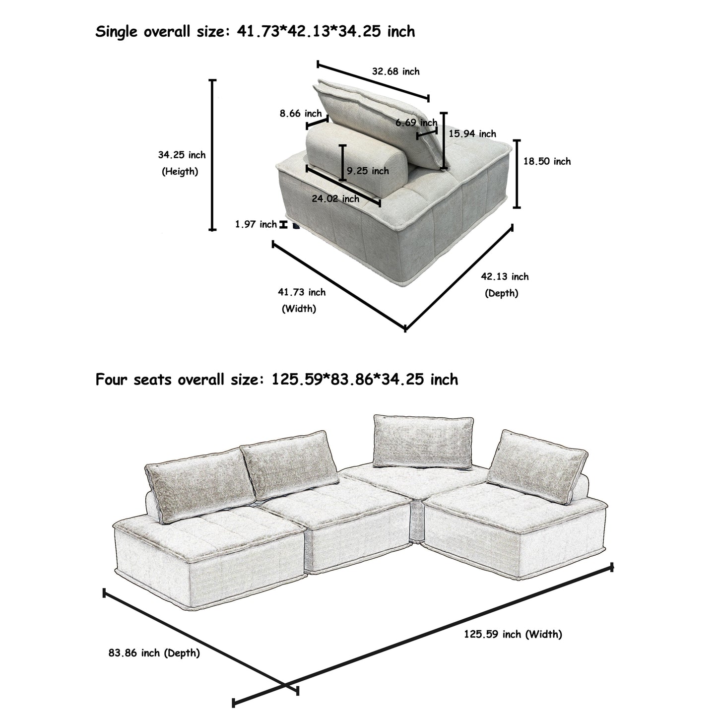 Oversized 4-Module Square Sofa - Comfortable and Movable Modular Design for Ultimate Flexibility  beige color chenille sofa 4pieces