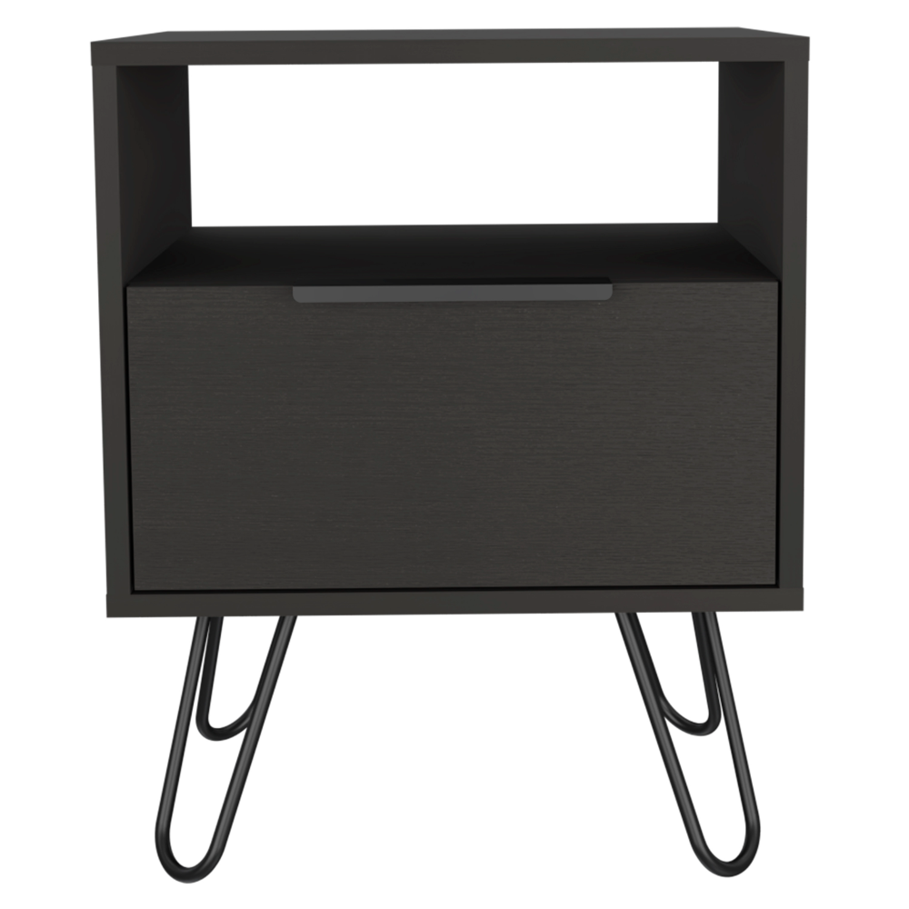 Nightstand 22"H, One Open Shelf, Single Door Cabient, Hairpin Legs, Black