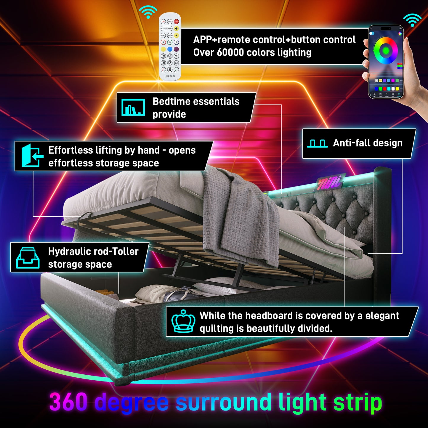 King size Upholstered bed, 360 surround LED function, Buttons/Apps/Remote Control, hydraulic storage bed with USB Type-C charging, Black, PU (Without mattress)