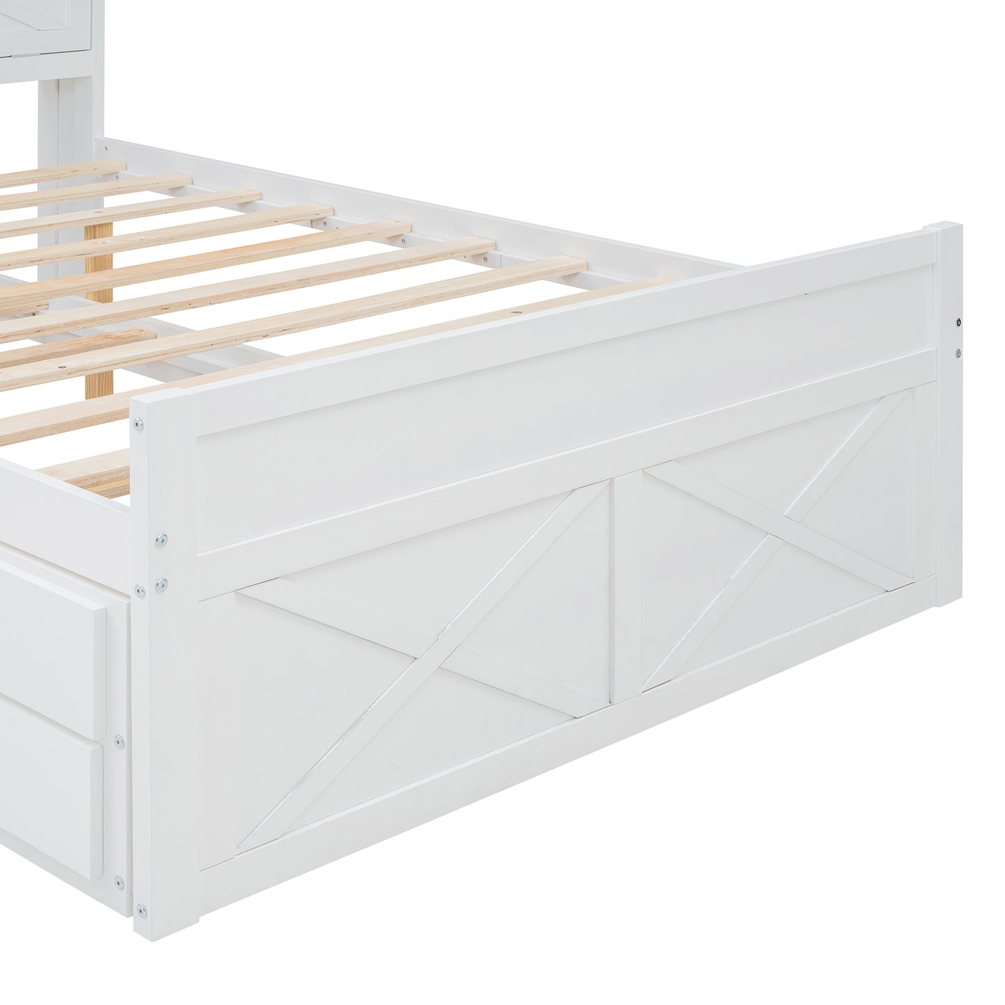 Full Size Wooden Bed with Storage Headboard with Outlets, Extendable Bed with Twin Size Trundle with Three Storage Drawers,White