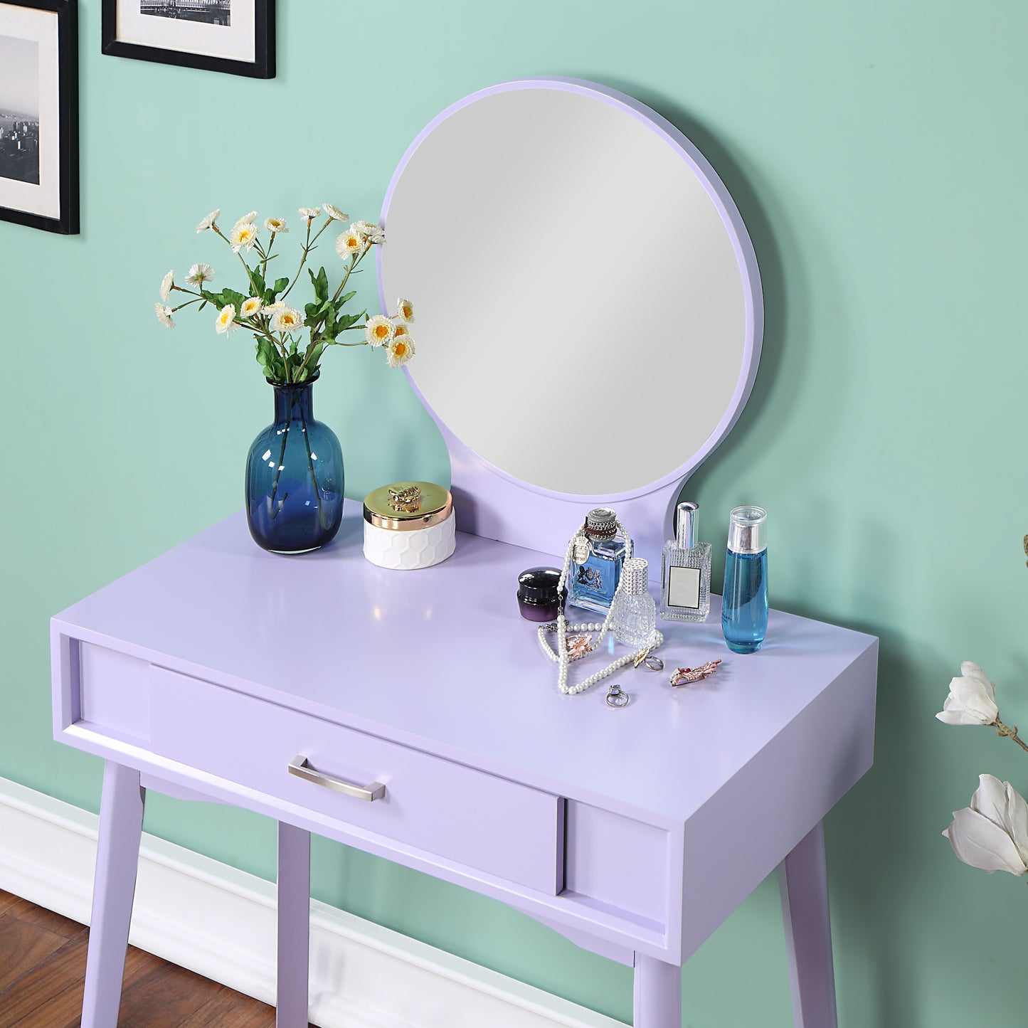 Maly Contemporary Wood Vanity and Stool Set, Purple