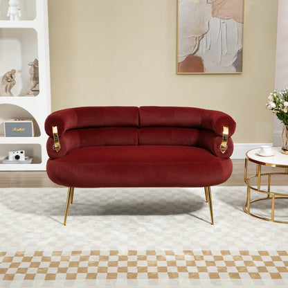 COOLMORE Small Loveseat Sofa, Upholstered Mini Couch with Curved Backrest with Stylish Golden Decor, Small Comfy Love Seat Leisure Accent Couch for Living Room, Bedroom, Office (Wine Red)