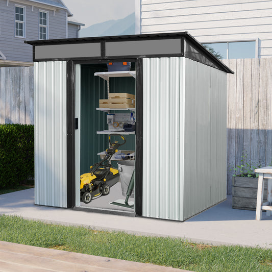 6ft x 5ft Outdoor Metal Storage Shed with Lockable Sliding Doors and Transparent plate for Garden, Lawn ( White and Black  )