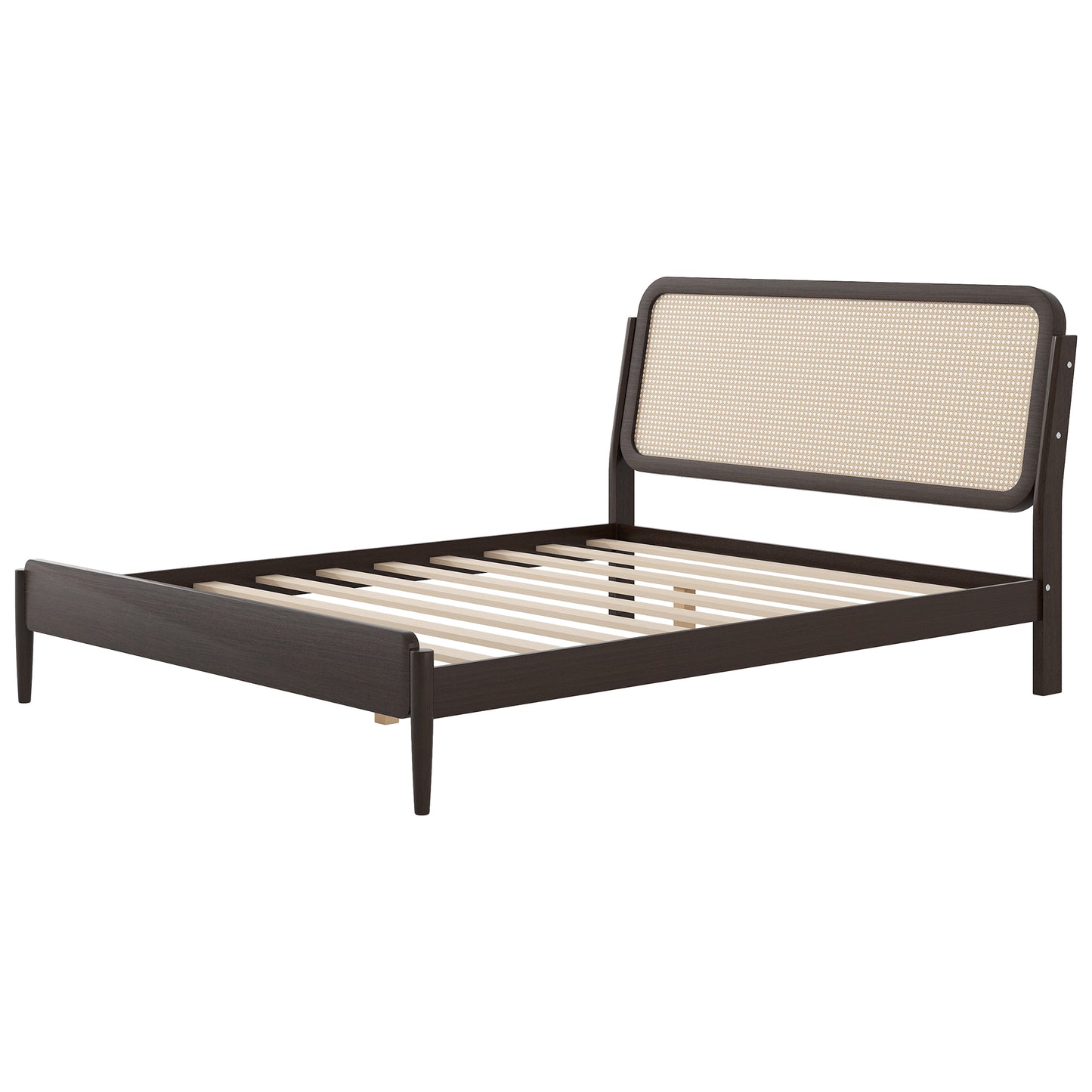 Queen Size Wood Storage Platform Bed with LED Light, Rattan Headboard, Espresso