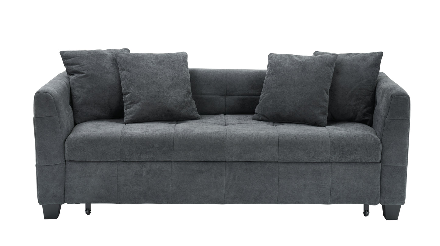 77.9-inch folding dual-purpose three-seater dark grey flannel sofa that can be pulled out and turned into a bed, suitable for use in bedrooms and living rooms.