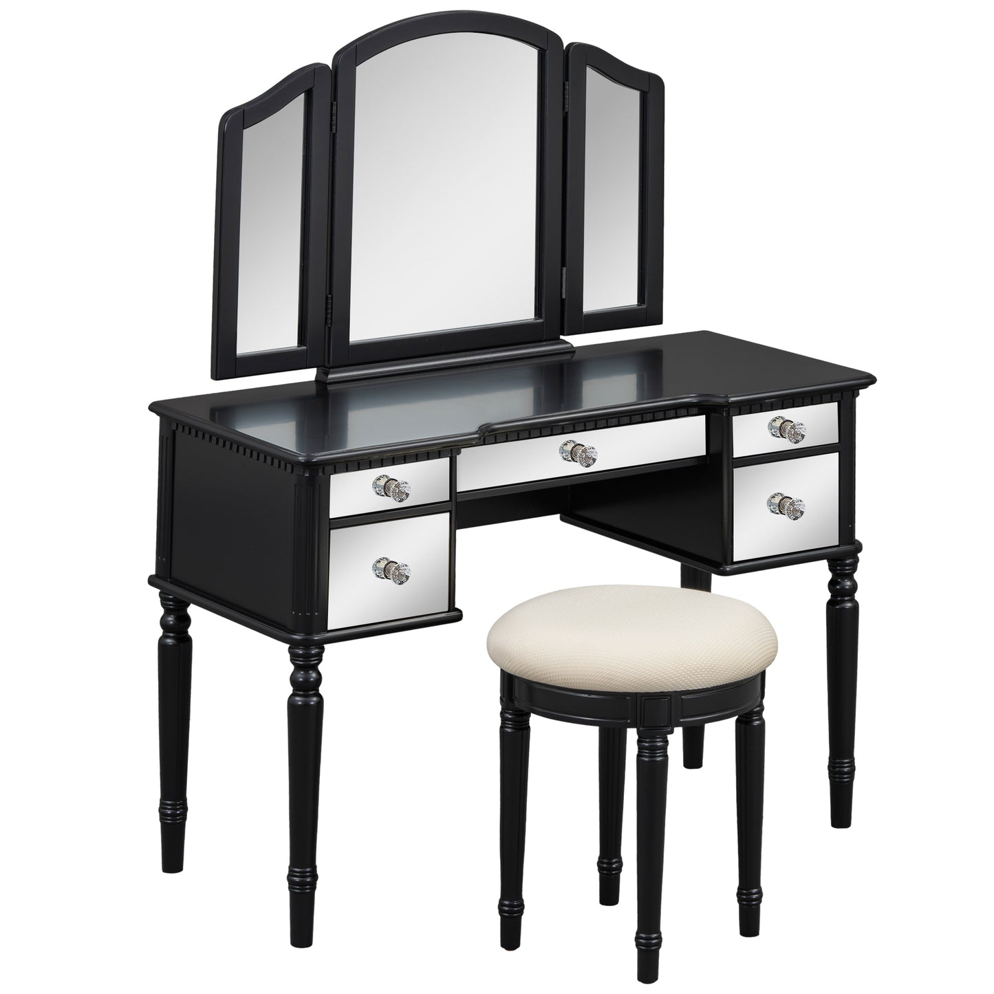 GO 43" Dressing Table Set with Mirrored Drawers and Stool, Tri-fold Mirror, Makeup Vanity Set for Bedroom, Black