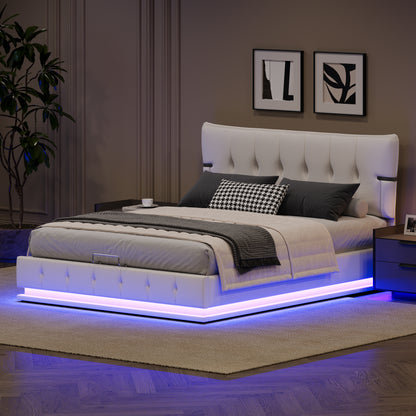 Upholstered Platform Queen Size Hydraulic Storage Bed, Lift Up Storage Bed with RGB LED Light, PU Leather Headboard and Footboard, No Box Spring Needed, White