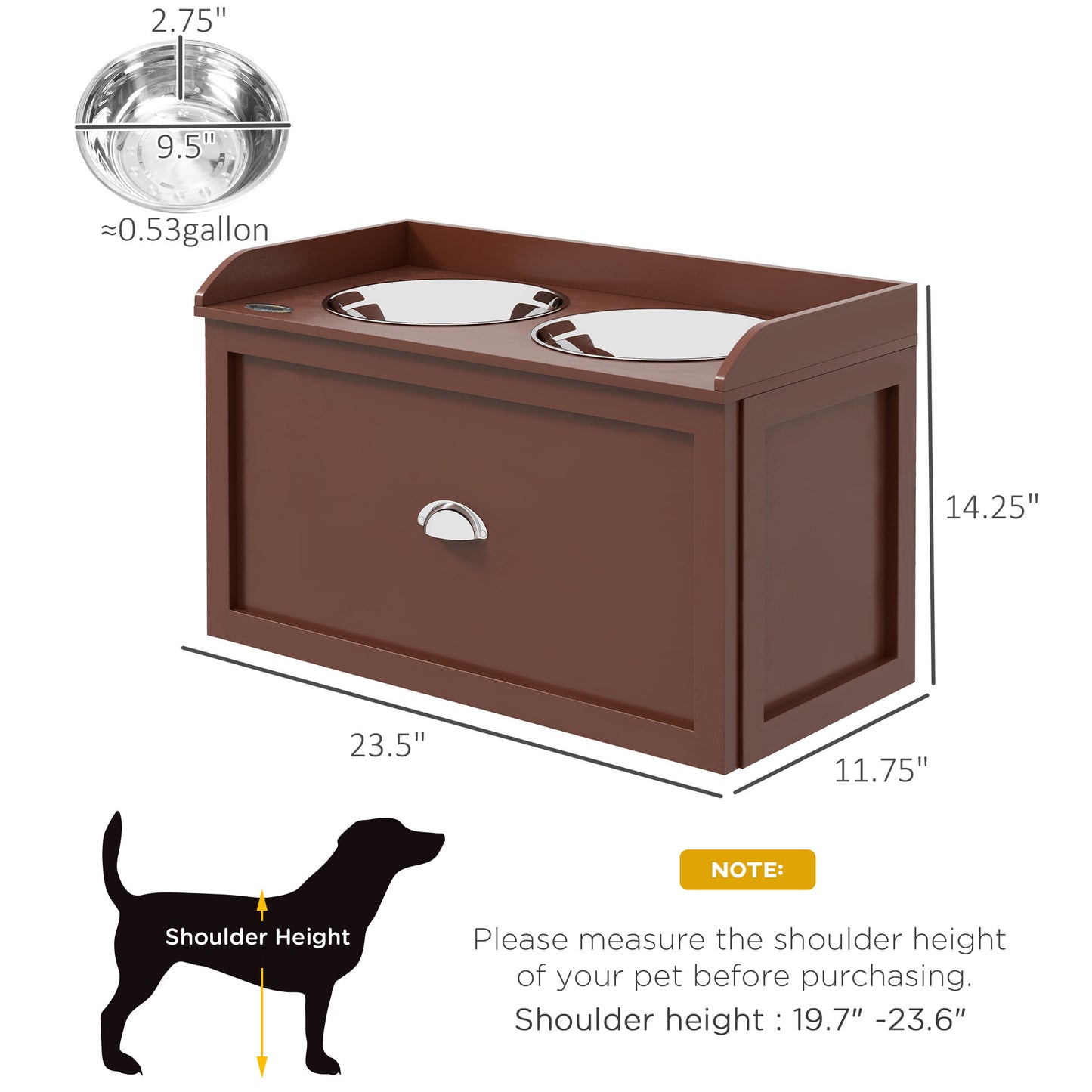 PawHut Dog Feeding Station with Storage Drawer, Dog Food Storage Cabinet with 2 Removable Elevated Dog Bowls for Large Sized Dogs, Brown