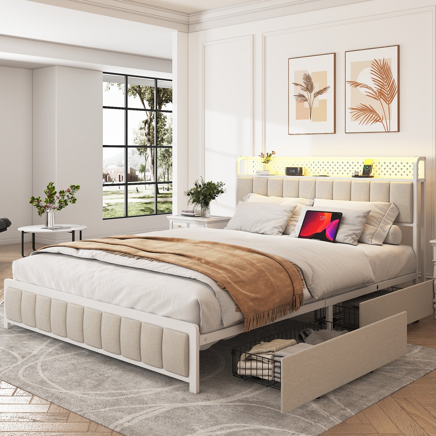 Queen Size Platform Bed with 4 Drawers, Metal Bed Frame with LED Lights and Charging Station, No Box Spring Needed, (Beige),  Noise Free,Easy Assemble.