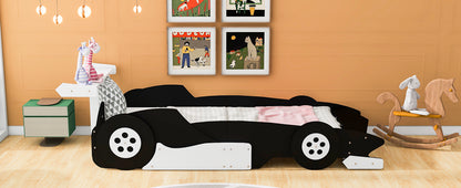 Twin Size Race Car-Shaped Platform Bed with Wheels,Black