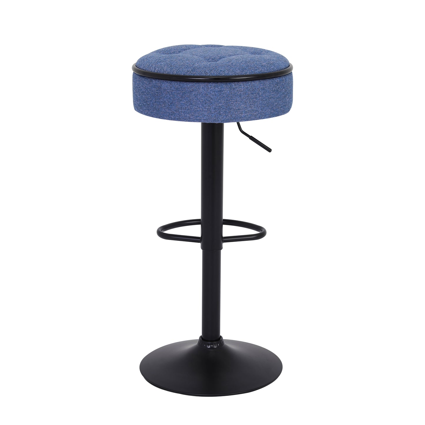 Round Storage Bar Stool Set of 2, Blue Linen Height Adjustable Barstool, 360°Counter Height Swivel Stool, Armless Bar Chair with Metal Frame for Kitchen Counter Dining Living Room