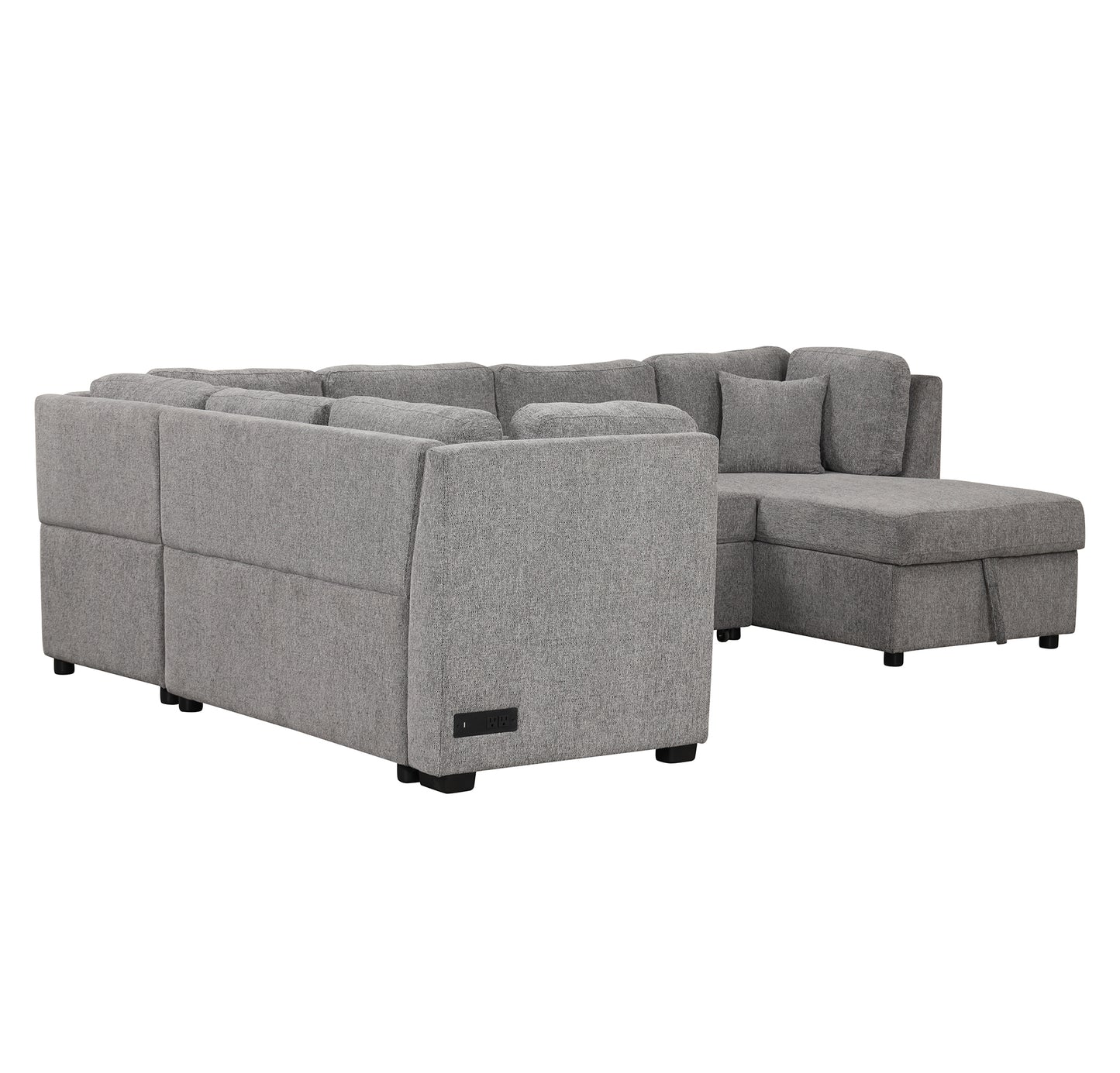 108.6" U-shaped Sectional Sofa Pull out Sofa Bed with Two USB Ports, Two Power Sockets, Three Back Pillows and a Storage Chaise for Living Room, Light Gray