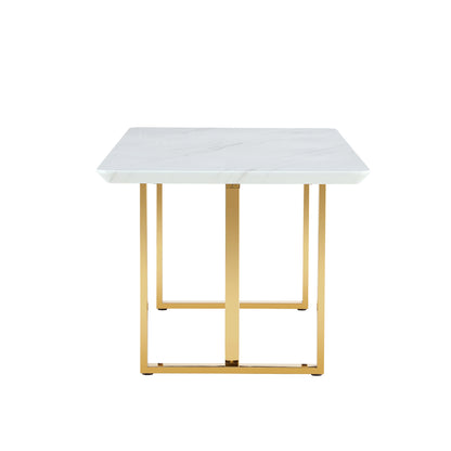 Table and chair set.67"x36" White marble pattern MDF Dining Table Set with 8 Black PU Chairs.MDF sticker,White marble pattern sticker,Gold C-tube chair legs,Suitable for kitchen,Dining room,etc.